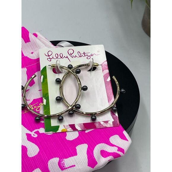 Lilly Pulitzer Large Gold Tone Bamboo like Gemma Onyx Pearl Hoop Earring New - Picture 3 of 9